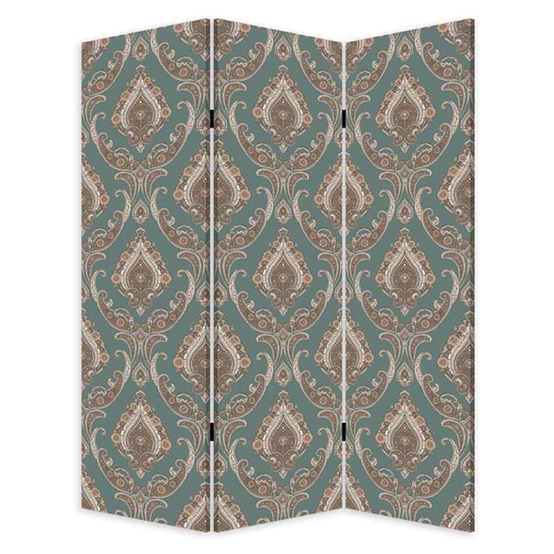 72 Inch 3 Panel Canvas Screen Room Divider, Dual Sided Baroque, White Brown