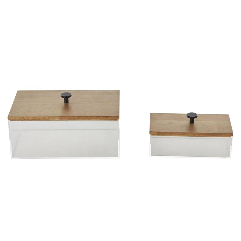 Acrylic Plastic Box with Brown Wooden Lids and Black Knobs - Set of 2 - Roche River Decor