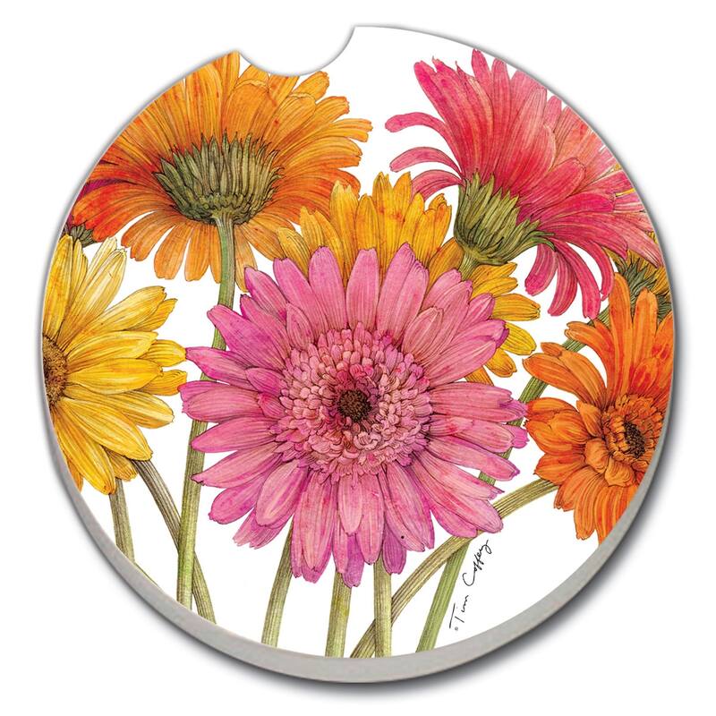 Absorbent Stone Car Coasters - Gerber Daisies - Set of 2 - 2.606