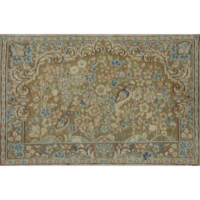 Hand Knotted Oriental 100% Wool Carpet Traditional Floral Brown Kerman Area Rug - 2' 9'' X 1' 11''