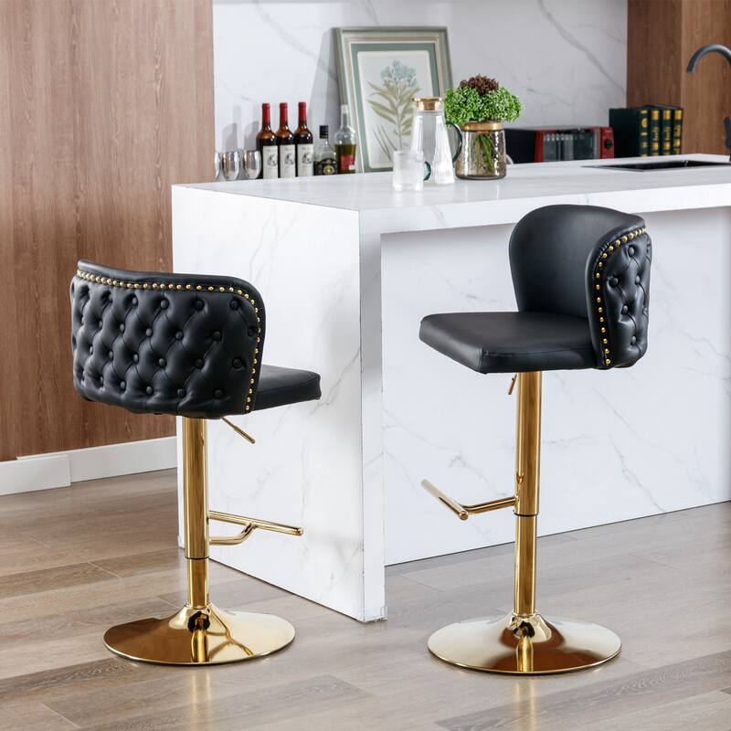 A&A Furniture Set of 2 Swivel PU Leather Bar Stools with Fully Tufted Back, Adjustable Height for Kitchen Island & Pub - Black