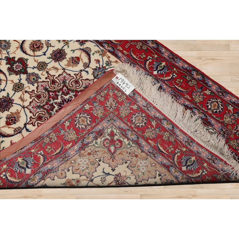3'8''x5'4'' Hand Knotted Wool Ivory Isfahan Traditional 400 KPSI Rug - 3' 8'' x 5' 4''