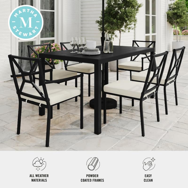 Martha Stewart 7-Piece Steel Patio Dining Set with 6 Stackable Chairs and 60" Table - 23"W x 26.25"D x 35.25"H