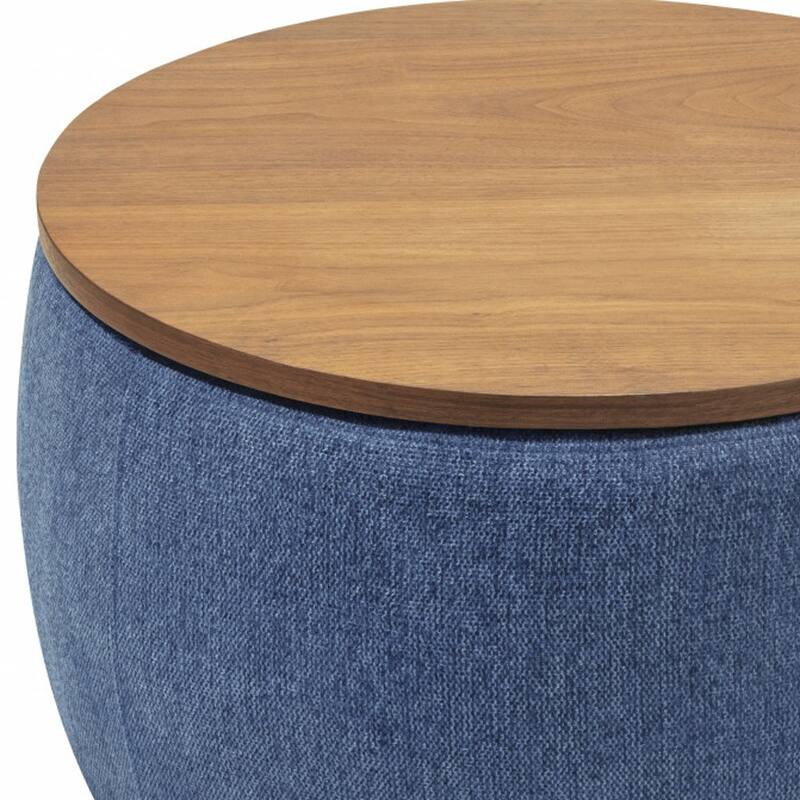 HomeRoots 26" Blue and Brown Fabric And Wood Reversible Tray Top Round Storage Ottoman