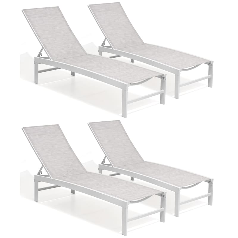 Outdoor Pool Lounger Aluminum All-weather Adjustable Chaise Lounge Chair - See Picture - White/Grey/Blue Fabric, White Frame - Set of 4