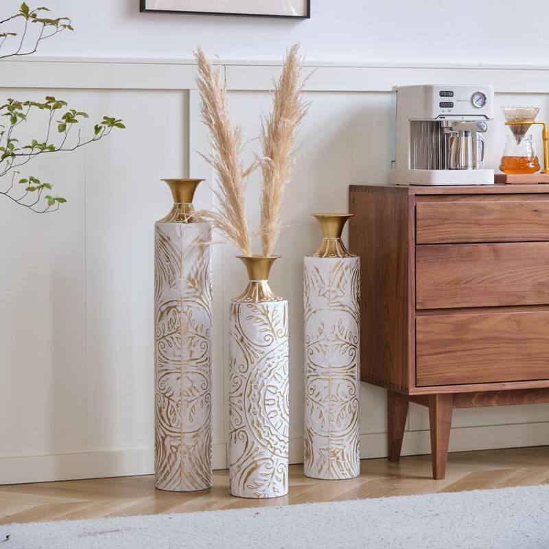 Floor Metal Vases Decorated White Metal vases Set of 3 gorgeous home decoration large glazed metal vases