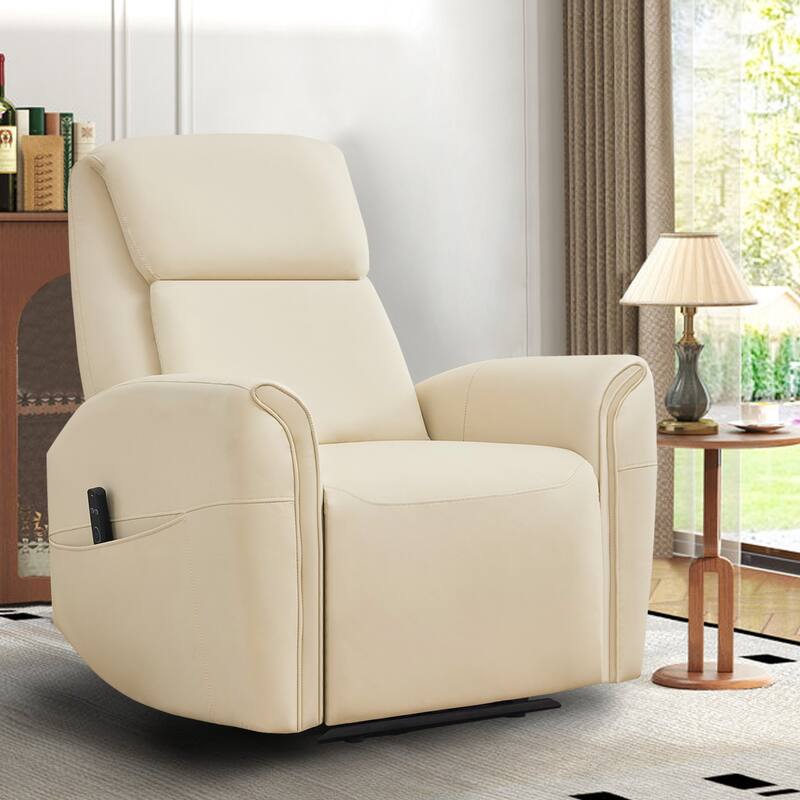 Oversized Faux Leather Massage Power Recliner with Two Pockets - Beige