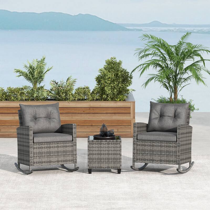 Gymax Set of 3 Wicker Rocking Set Patio w/ Tempered Glass Table & Soft - Grey