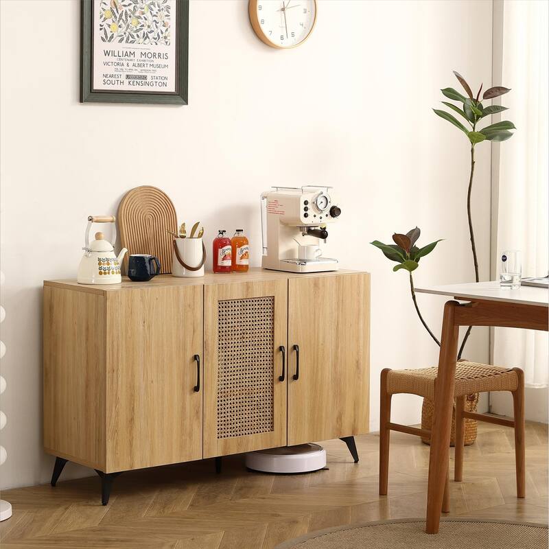Homy Casa Three-Door Kitchen Pantry Cabinet Rattan Doors, Natural