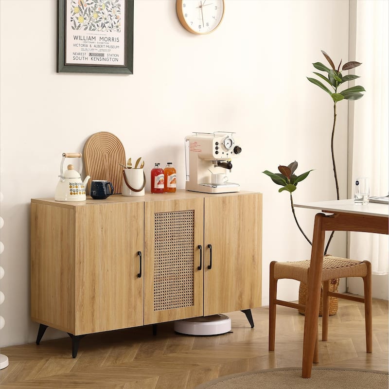 Three-Door Cabinet with Natural Rattan Mesh - Large Storage Space