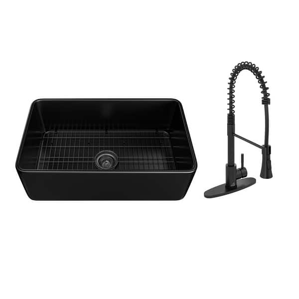 Kitchen Sinks and Faucet Combo Fireclay 30 inch Matte Black Farmhouse