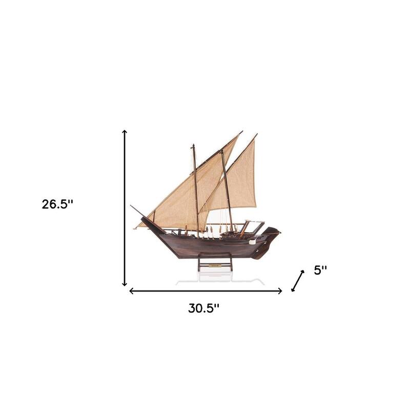 HomeRoots 27" Wood Brown Dhow Hand Painted Decorative Boat - 30.5' X '26.5' X '5