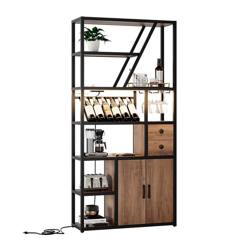 Wine Bar Cabinet with LED Lights, Tall Coffee Bar Station with Power Outlets and Wine Rack