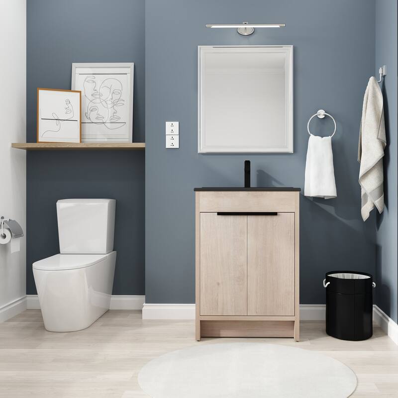 24 Inch Plywood Freestanding Bathroom Vanity With Adjustable Shelf and Black Integrated Ceramic Sink