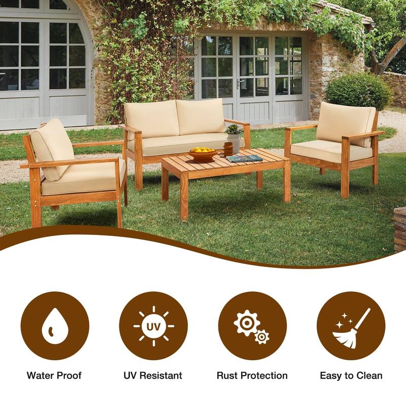 EROMMY Wood Patio Conversation Set with Coffee Table and Soft Cushions, Outdoor Sofa Set for Garden, Backyard