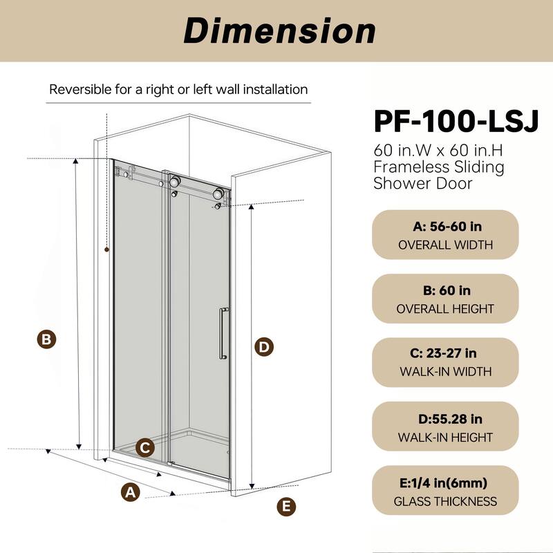 60 "W x 60" H Frameless Single Sliding Shower Door with Stainless Steel Handle - 60'' x 0.38'' x 60''