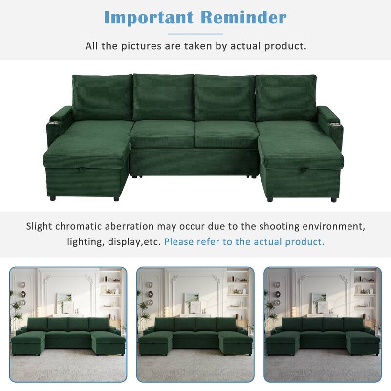 Convertible Sofa Bed with Pull Out Bed, U-Shaped Sectional Sofa with Dual Storage Chaise Lounges, USB Ports & Cup Holders