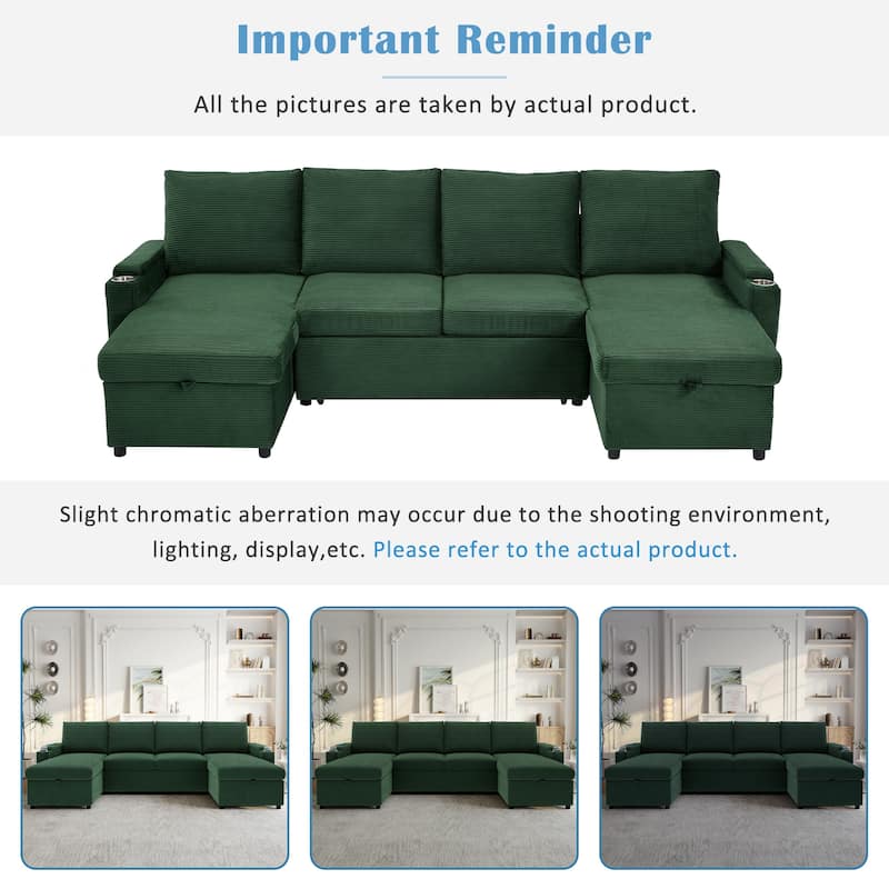 U-Shaped Sectional Sofa Convertible Sleeper Sofa with Dual Storage Chaise Lounges, Cup Holders, USB, Storage Boxes and Pockets