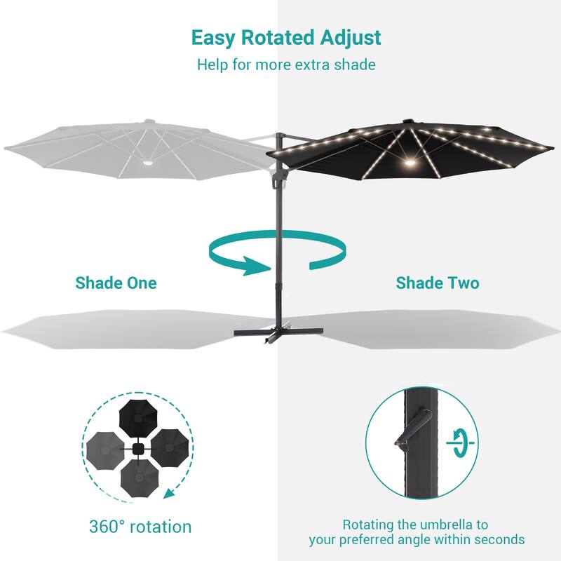 BONOSUKI 11FT LED Cantilever Patio Umbrella Angle Adjustment w/Cross Base