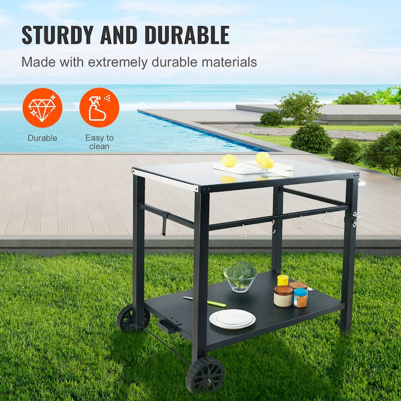 Outdoor Grill Dining Cart with Double-Shelf for Pizza Oven