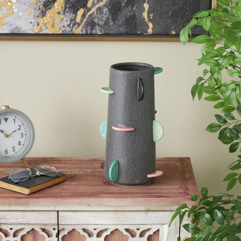 Ceramic Textured Vase with Multicolor Half-Moon Accents - Black - Roche River Decor