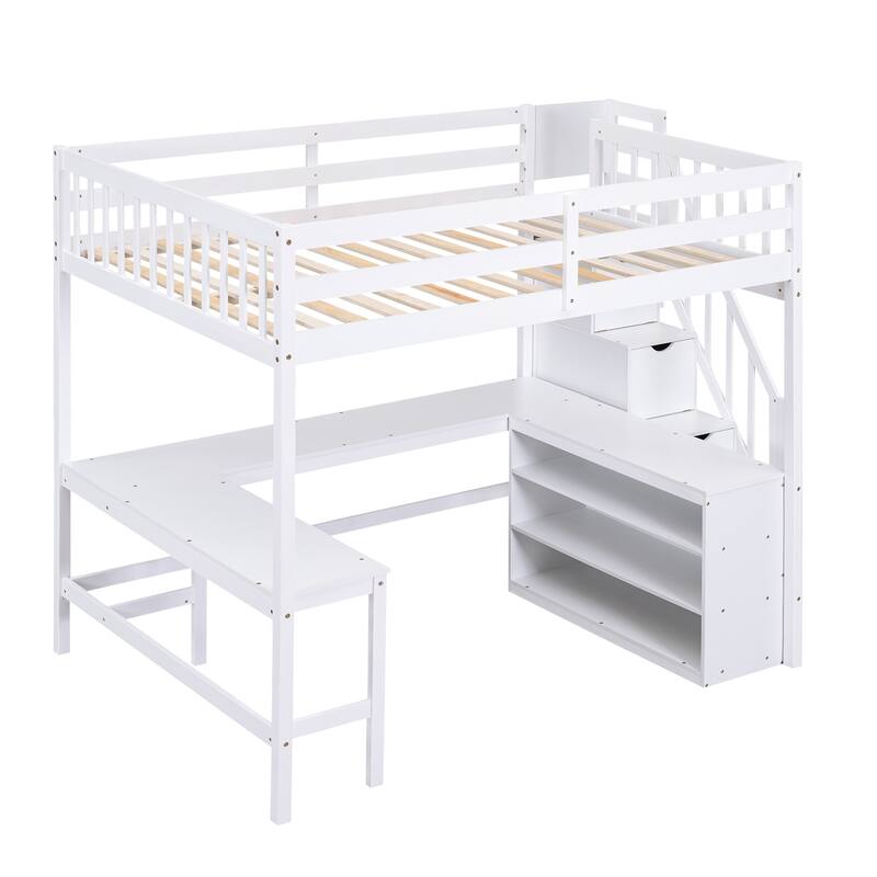 Full Size Pine Wood Loft Bed with Built-in L-Shaped Desk and Three-Tier Storage Shelves, and Attached Storage Staircase