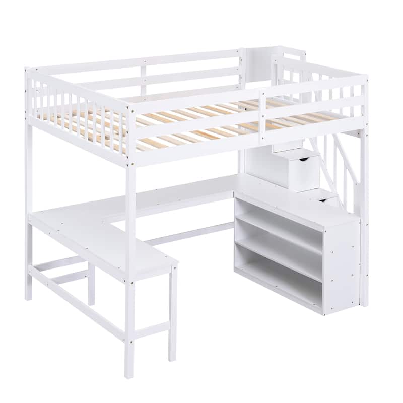 Full Size Pine Wood Loft Bed with L-Shaped Desk and Storage
