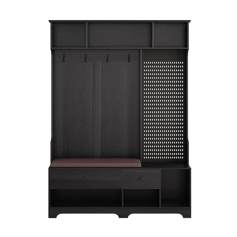 Anmytek Multi-Purpose Hall Tree with Removable Linen Cushioned Entryway Bench Coat Rack Storage Shelves DIY Pegboard