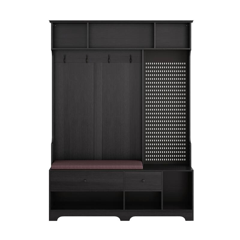 Modern Minimalist Coat Rack, Linen Cushioned Entry Bench, Storage Shelf, DIY Pegboard, for Living Room, Black