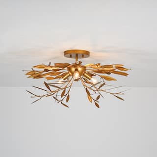 24" W Mid-Century Antiqued Gold Branches Leaf Design Semi-Flush Mount Ceiling Light with Crystal Beads for Living Room & Bedroom