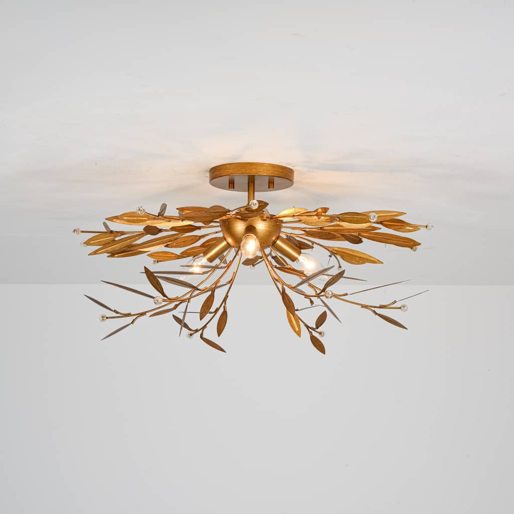 24" W Mid-Century Antiqued Gold Branches Leaf Design Semi-Flush Mount Ceiling Light with Crystal Beads for Living Room & Bedroom