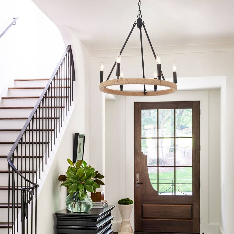 6-Light Rustic Hemp Rope Wagon Wheel Chandelier for Bedroom Foyer Entryway