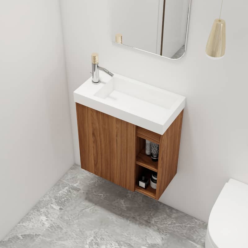 Malwee 20" Floating Bathroom Vanity, Mini Wall Mounted Bathroom Vanity with Resin Sink and Soft Close Door - Brown+White Sink