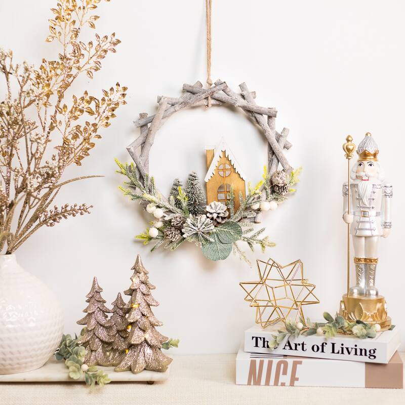 Flocked House and Pinecones Wood Branch Artificial Christmas Wreath - 12" - Unlit