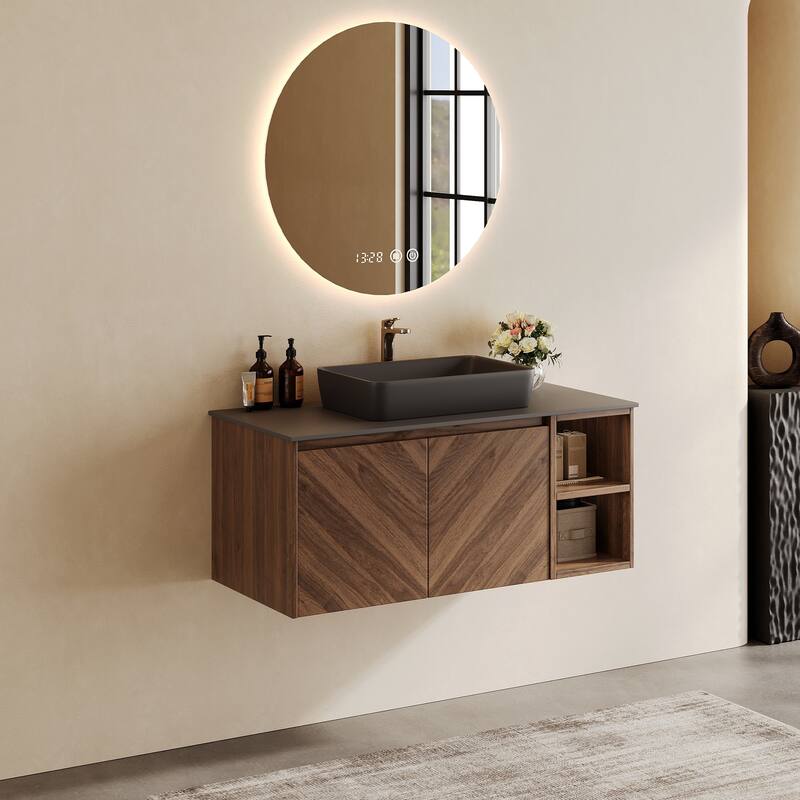 35.83'' Single Bathroom Vanity with Stone Top, Brown Wood, Black Vessel, Floading Vanities - Black