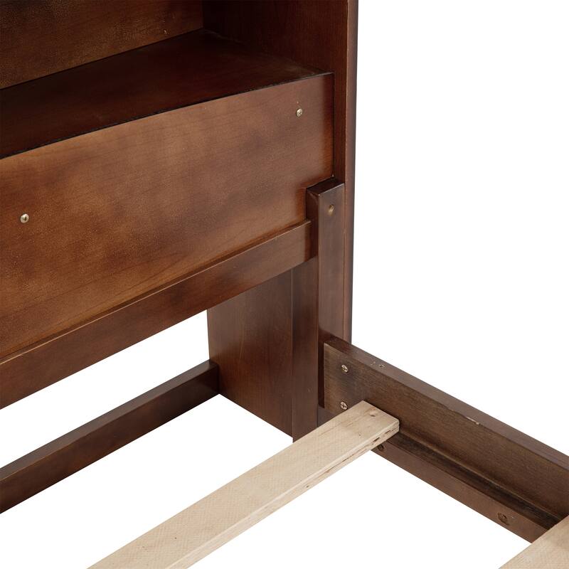 Full Size Pine Bed w/ Bookcase Headboard ,LED Sensor Light, Guardrails