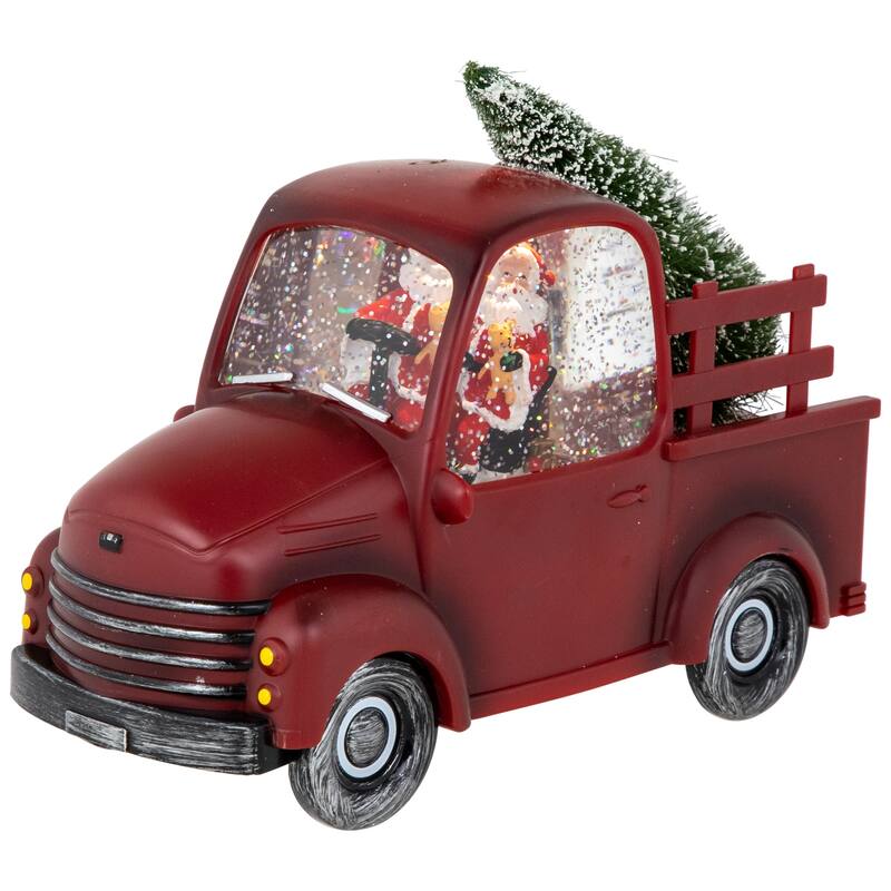 LED Santa In Red Retro Truck With Christmas Tree Snow Globe -9"