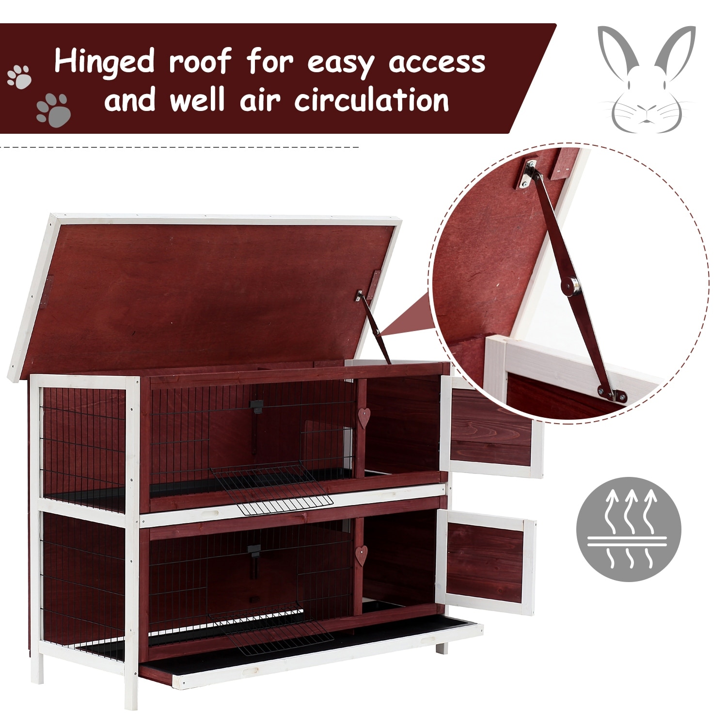 Pawhut 54 inch 2 tier Wood Wire Rabbit Hutch Red