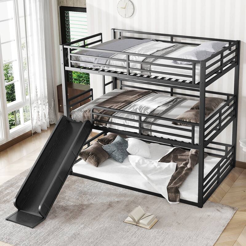 Twin/Twin/Full Triple Bunk Bed with Slide - Metal Frame, Safety Guardrails, Noise-Reduced (Black)