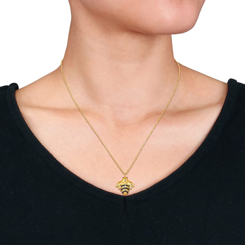 Miadora 5/8ct TGW Black Spinel Bee Necklace Yellow Silver-17in