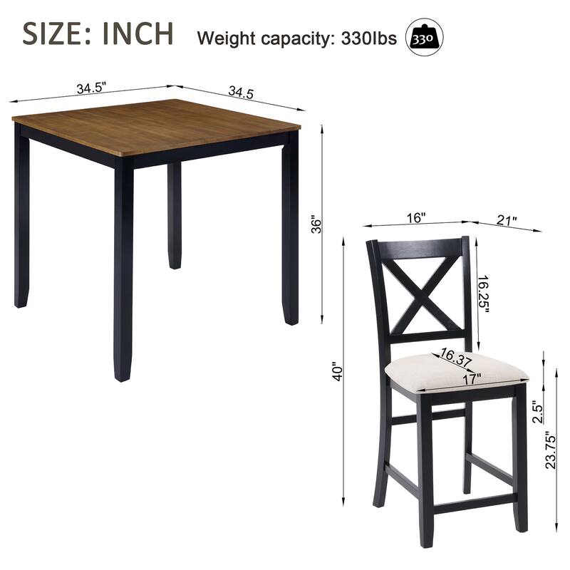 5-Piece Counter Height Dining Table Set with 4 Chairs, Classic Wooden Dining Table Set for 4