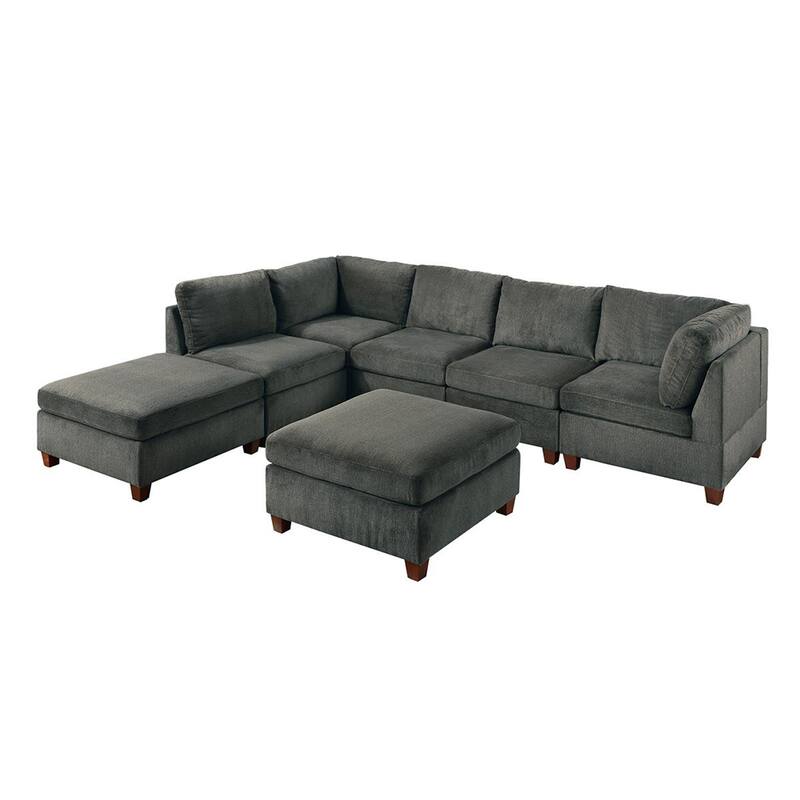 7 Piece Chenille Fabric Modular Sofa Set with Ottomans in Grey - Reversible - Grey