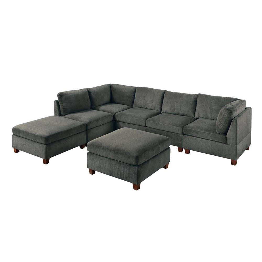7 Piece Chenille Fabric Modular Sofa Set with Ottomans in Grey