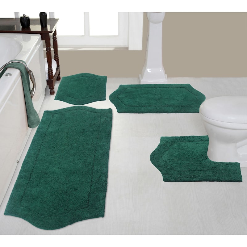 Waterford Collection 100% Cotton Non-Slip Bathroom Rug Set, Machine Washable Bath Rug, 4 Piece Bath Mat Set with Contour - Bottle Green