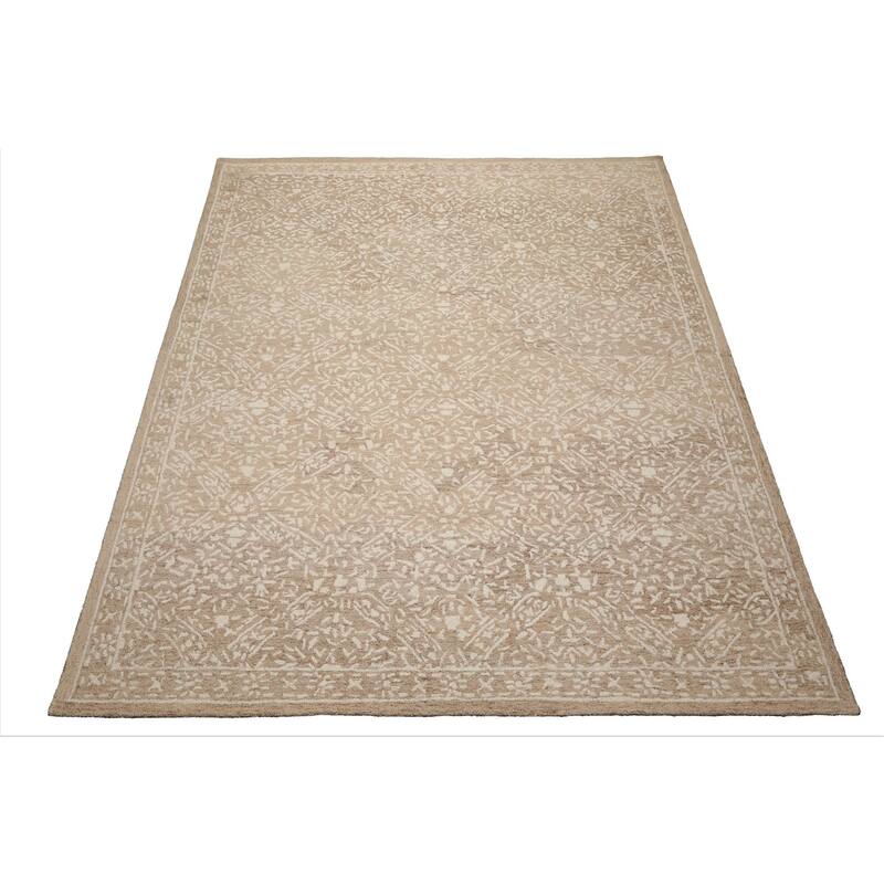 Multi Size 5'x8' Tan Wool Hand Hooked Transitional Rug Decorative All-Over