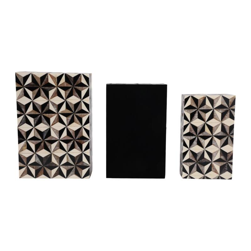 Polyresin Wood Storage Box Casual (Set of 3) - 4" Ivory/Black - 12" x 8" x 3.5"