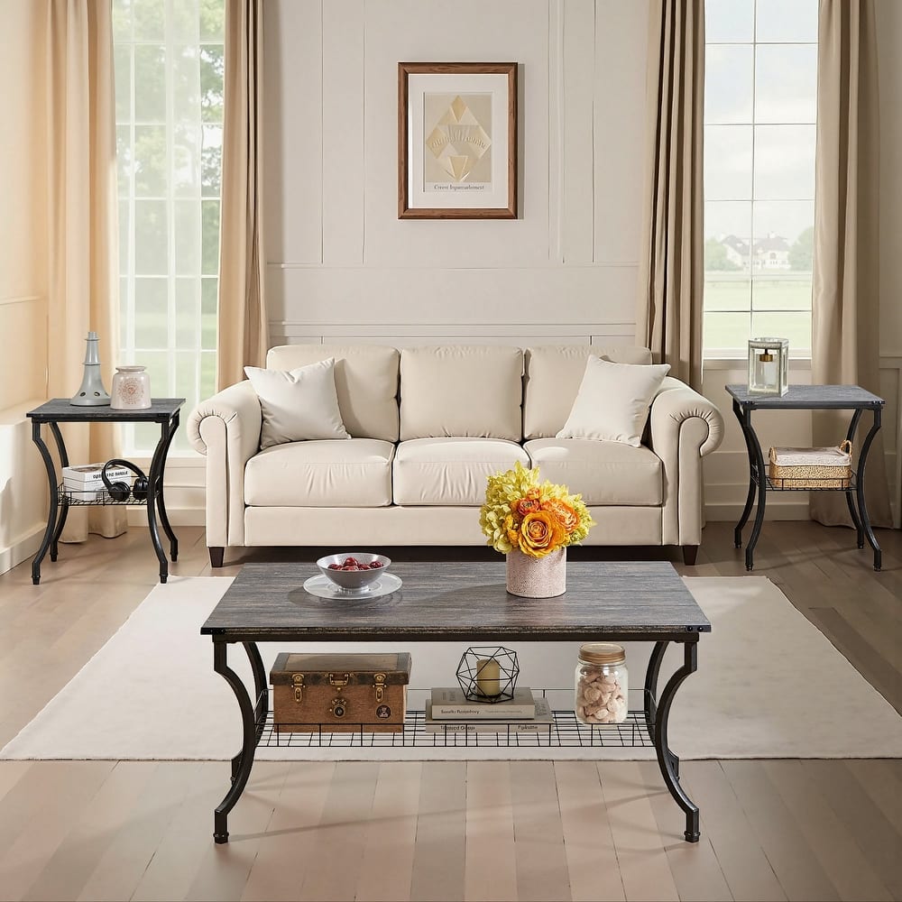 VECELO Mid Cectury 3-pieces Coffee Table Set, 3-Piece Living Room Table Set(Set of 3)