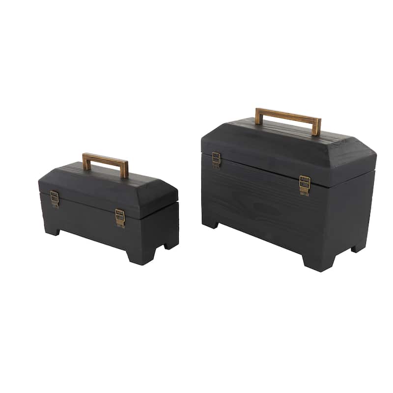 Black Wood Handmade Decorative Box with Brass Latches and Handle (Set of 2)