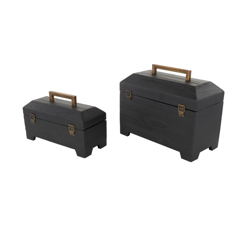 Wood Handmade Box with Brass Latches and Handle - Set of 2 Black - Roche River Decor