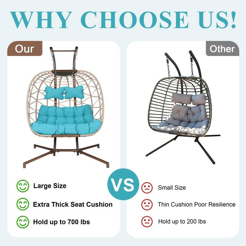 Oversized Outdoor Double Egg Hanging Chair with Cushions, 700 lbs Capacity Swing Chair for Indoor or Patio